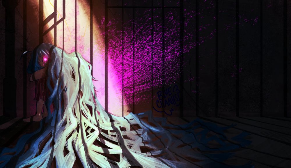 jinx in a cell with her braids unraveled and her hair around her. there is a streak of light in the cell and the shadows of the jail bars cast over her. her purple eye glows.