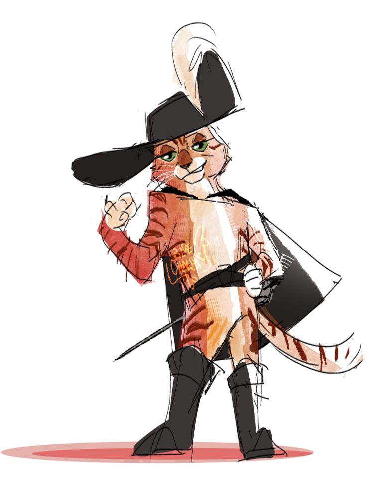 puss in boots standing with his hand on his hip. the rough sketch is colored with a watercolor texture with some rough pencil markings