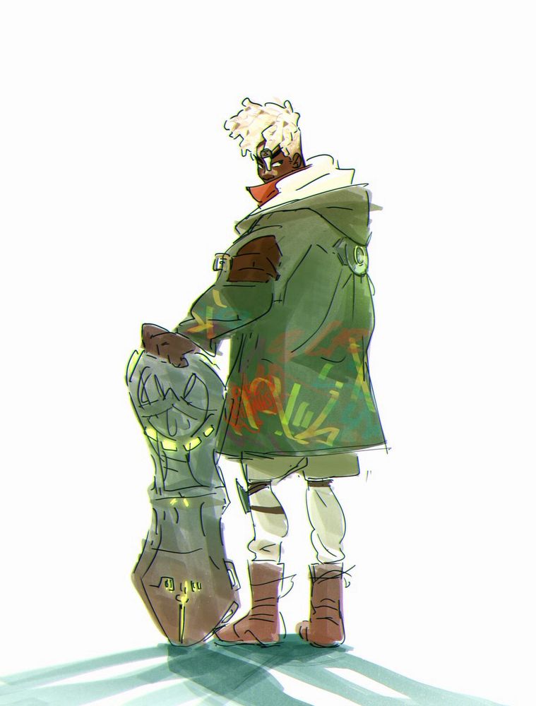 ekko standing with his back to the camera holding his board. his shadow is split into two.
