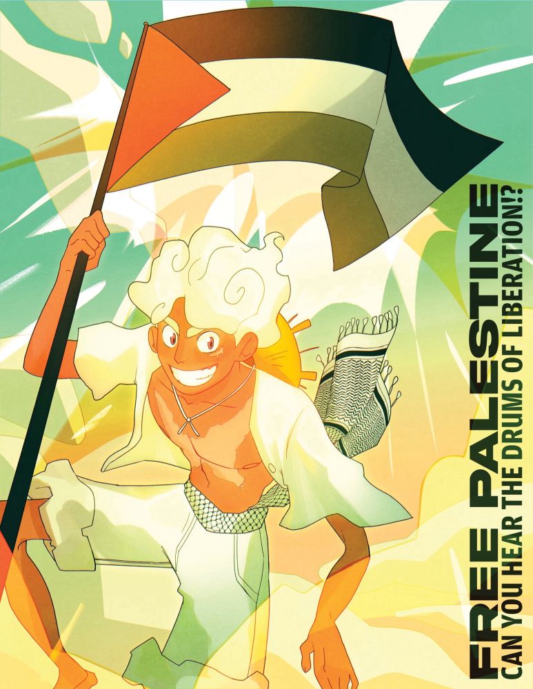 gear 5 luffy holding a palestine flag blowing in the wind. he had a kuffiyeh wrapped around his waist. the sky is composed of some white clouds at the bottom and is a teal blue, light yellow, to orange gradient. the text on the side says “free palestine, can you hear the drums of liberation!?”