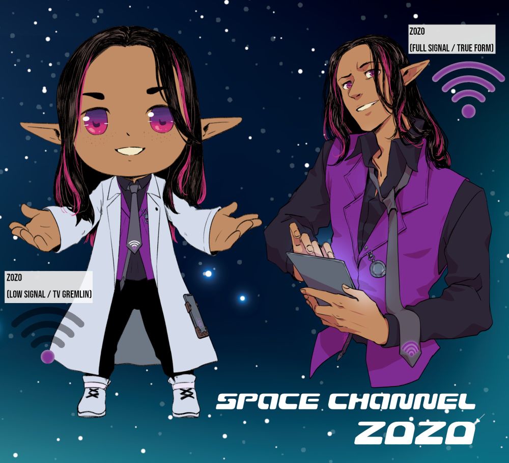 A reference image for the Vtuber Zozo (Space Channel Zozo) in both a big and chibi form. In both,  he has purple eyes, dark hair with pink/purple streaks, and rocks a shirt-vest-tie combo. The smaller one even has a cool lab coat! Whoa!