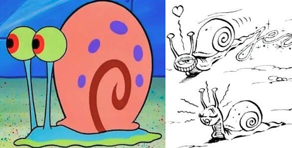 À gauche, Gary l'escargot de Bob l'Éponge, à droite, des escargots de la Rubrique-à-brac.