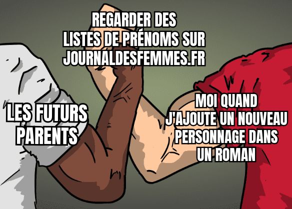 Mème : à gauche, un personage tagué « les futurs parents » ; à droite, un personnage tagué « moi quand j'ajoute un nouveau personnage dans un roman »; les deux réalisent une poignée de main épique taguée « regarder des listes de prénoms sur journaldesfemmes.fr?utm_source=Bluesky ».