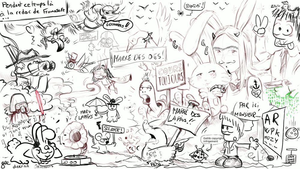 Le dessin final, un peu compliqué à décrire, c'est littéralement un énorme bordel avec plein d'animaux, des pancartes, des gens qui se font des oreilles de lapin, etc.