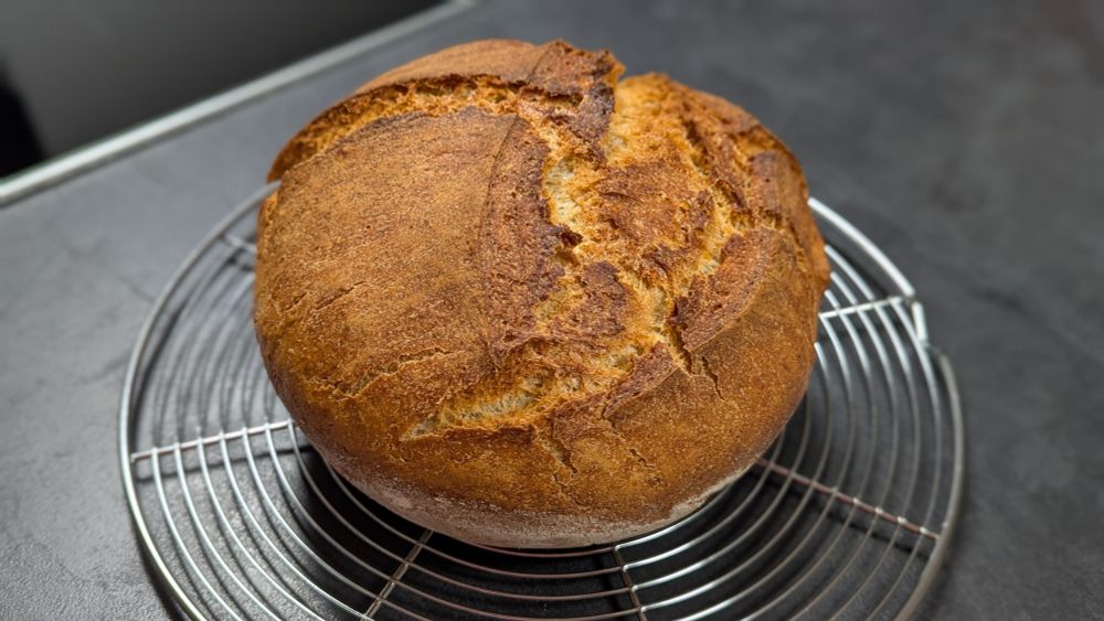 Round, baked bread. Brown, crispy crust.
The bread is placed on a cooling rack
