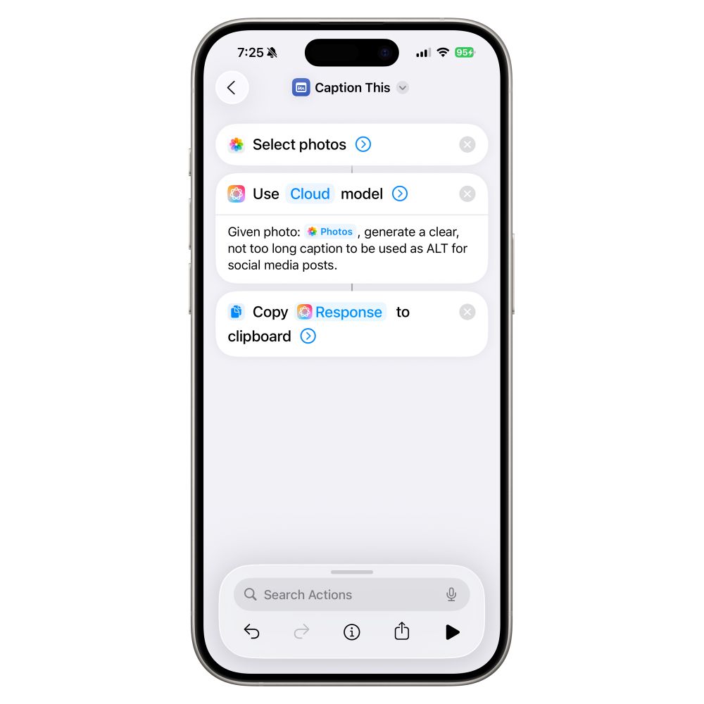 A smartphone screen displays a caption generation shortcut with options to select photos, use a cloud model, and copy the response to the clipboard.