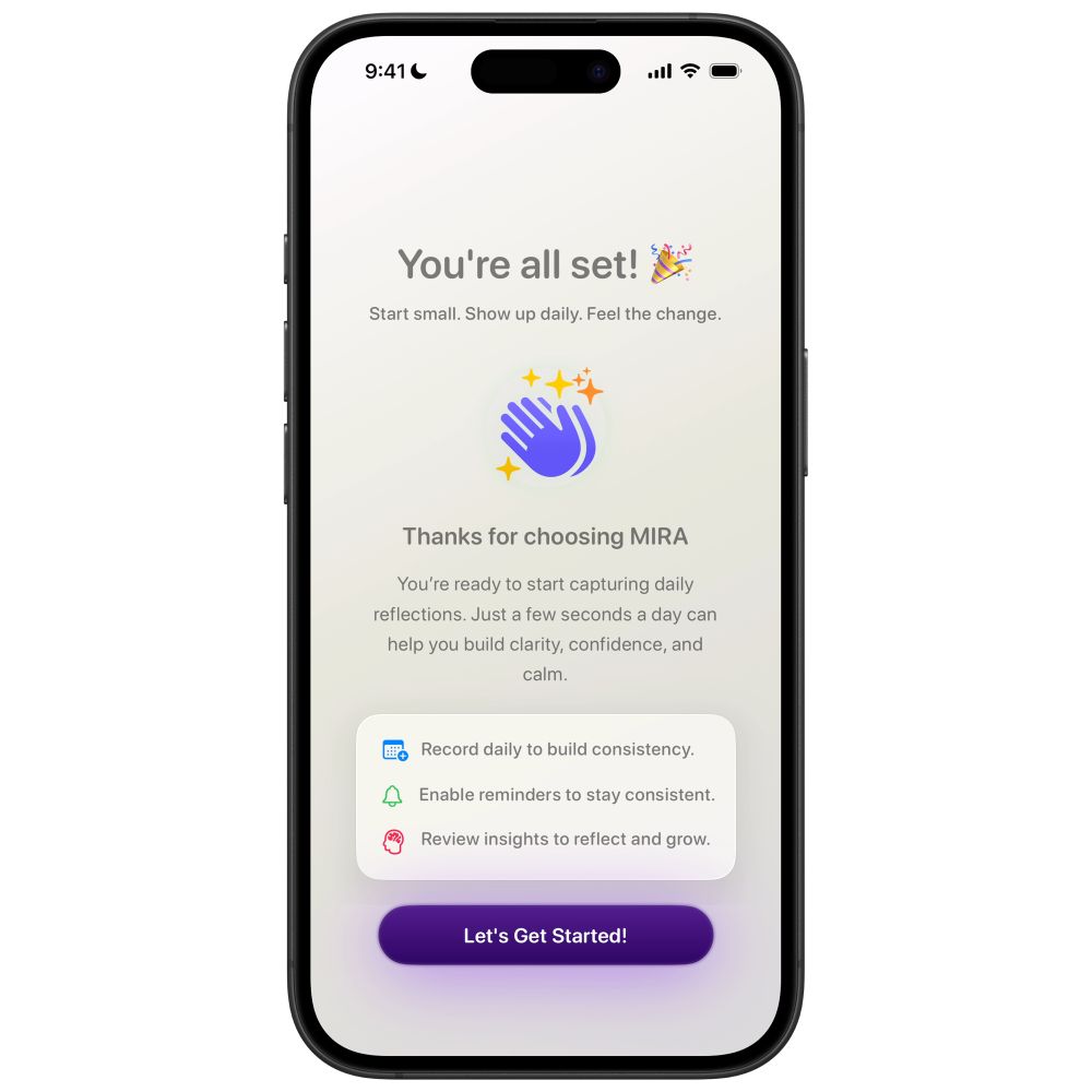 Smartphone screen with motivational text and icons from the MIRA video journaling app.