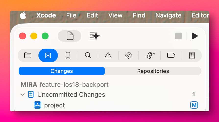 Screenshot of Xcode interface with "Changes" tab open.