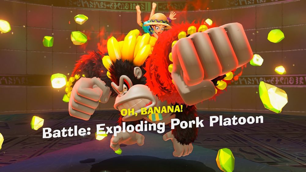A video game screenshot of Donkey Kong in a red suit.