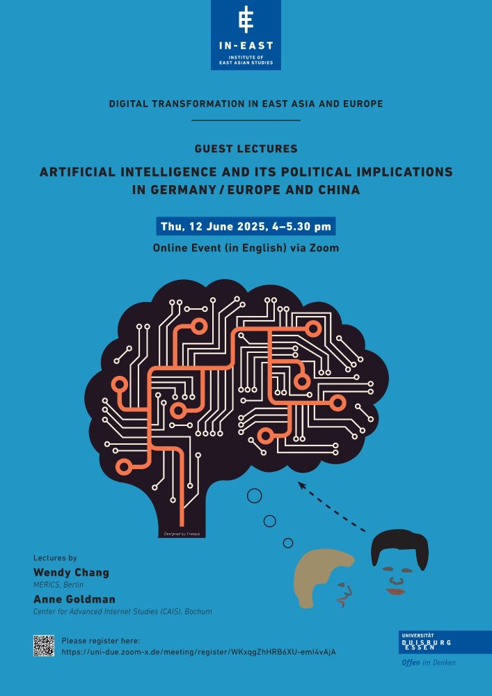 Poster des Events mit dem Titel "Artificial Intelligence and its political implications in Germany/Europe and China" und den Vortragenden Anne Goldmann und Wendy Chang + Visual eines Gehirns