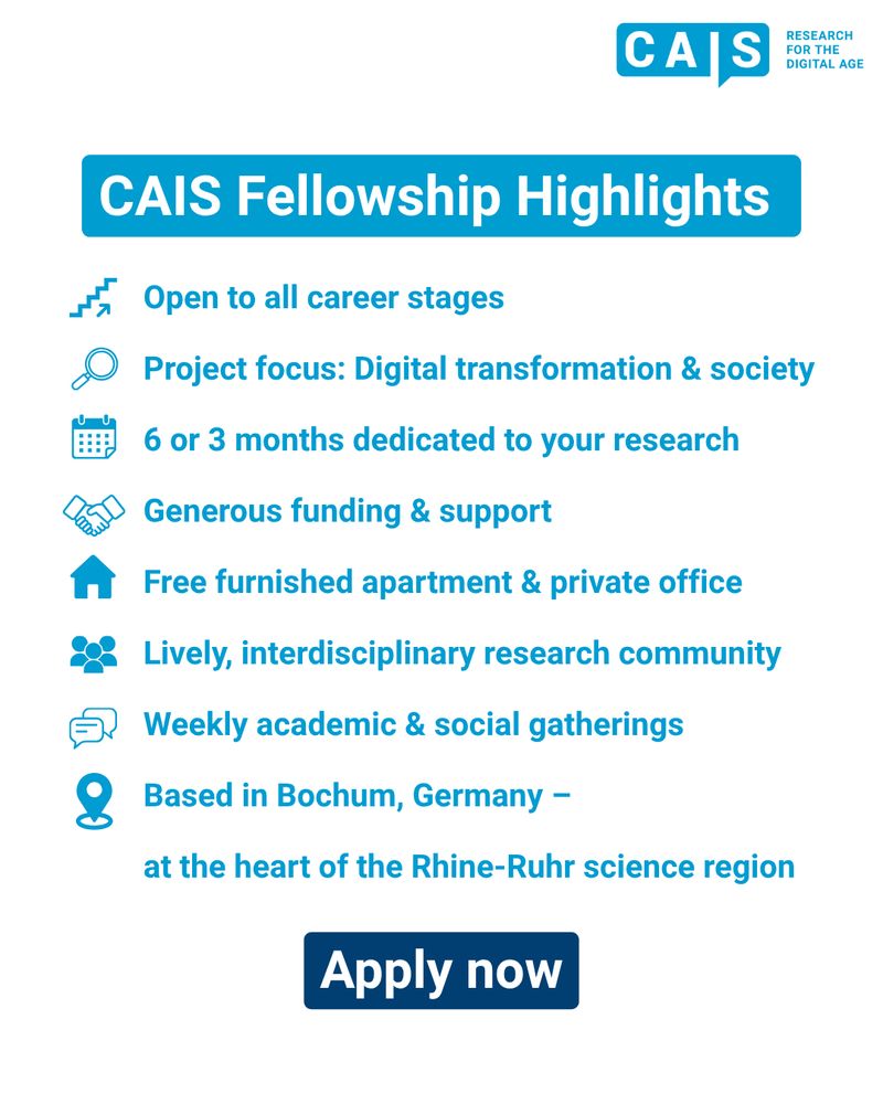 List with Fellowship Highlights: 
- Open to all career stages
- Project focus: Digital transformation & society
- 6 or 3 months dedicated to your research
- Generous funding & support
- Free furnished apartment & private office
- Lively, interdisciplinary research community
- Weekly academic & social gatherings
- Based in Bochum, Germany – at the heart of the Rhine-Ruhr science region