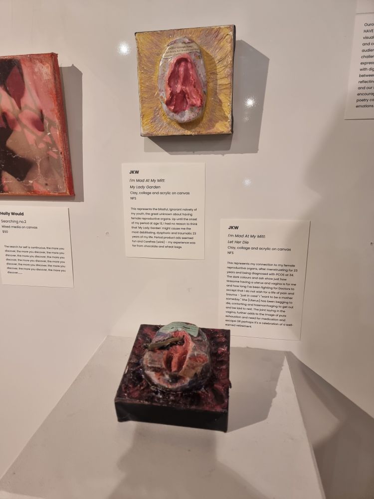 I'm Mad At My Mitt

Plaques read: 2 part clay & collage 3D sculpture on canvas. 

My Lady Garden

This represents the blissfully ignorant and hopeful unknowns about having female reproductive organs and genitals.
Up until the onset of my period at age 13, I had no reason to think that 'My Lady Garden' might cause me the most debilitating, dysphoric and traumatic 23 years of my life. Period product ad's seemed fun and carefree (wink) - my experience was far from chocolate and wheat bags. 

Let Her Die
This represents the stage I am now at after menstruating for 23 years and being diagnosed with PCOS at 34. 
The dark, ashy colours and rough textures are intended to communicate how tiresome having a uterus and vagina is for me and how long I've been begging Doctors, that I do not wish for a life of pain and trauma due to a faulty uterus "just in case" I "want to be a mother someday." She [Uterus] has been begging to die, contorting, burrowing, scratching, stabbing and hemorrhaging to get out and be laid to rest. 
The joint further adds to the pure exhaustion and need for medication to continue its [Uterus] futile existence OR perhaps it's a celebration of a well-earned retirement. 
