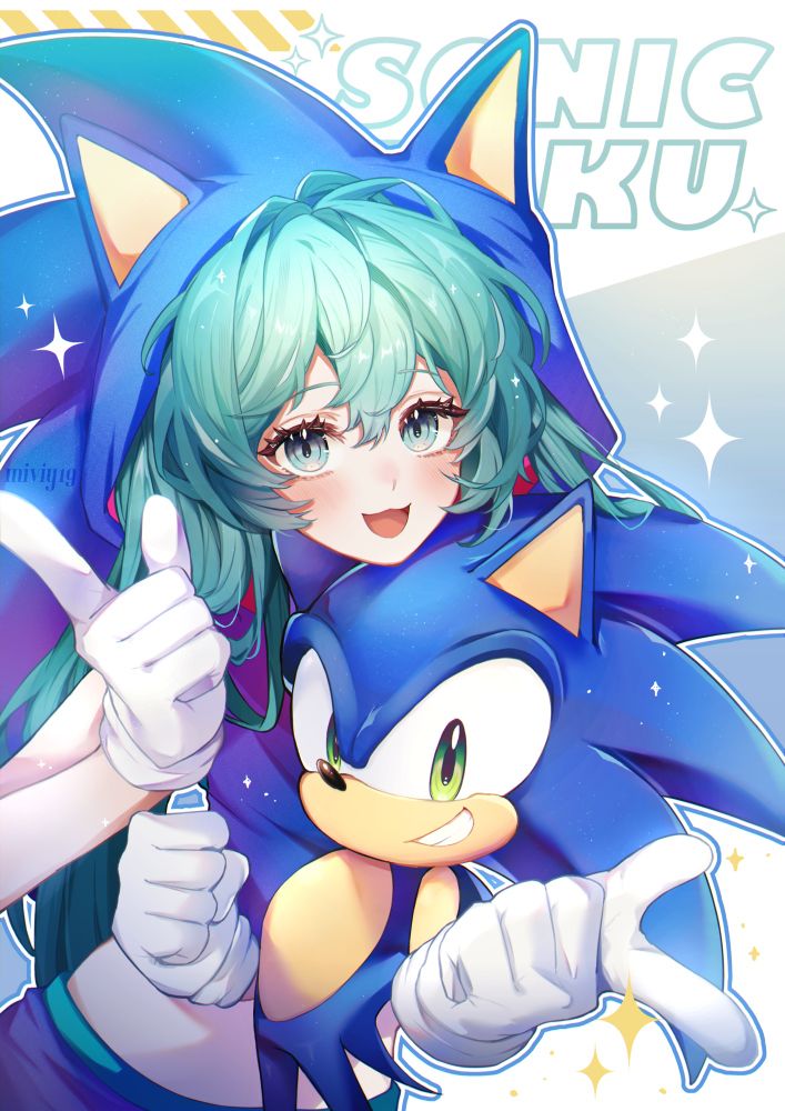 Fanart of Hatsune Miku in a Sonic costume with Sonic the Hedgehog.