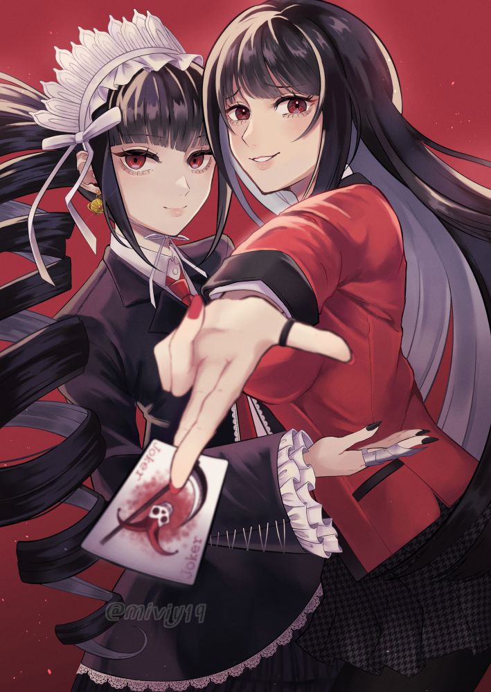 Crossover fanart of Celestia Ludenberg from Danganronpa and Yumeko Jabami from Kakegurui. ダンガンロンパ  セレスティア・ルーデンベルク 賭ケグルイ 蛇喰夢子 クロスオーバーファンアートイラスト (2023)