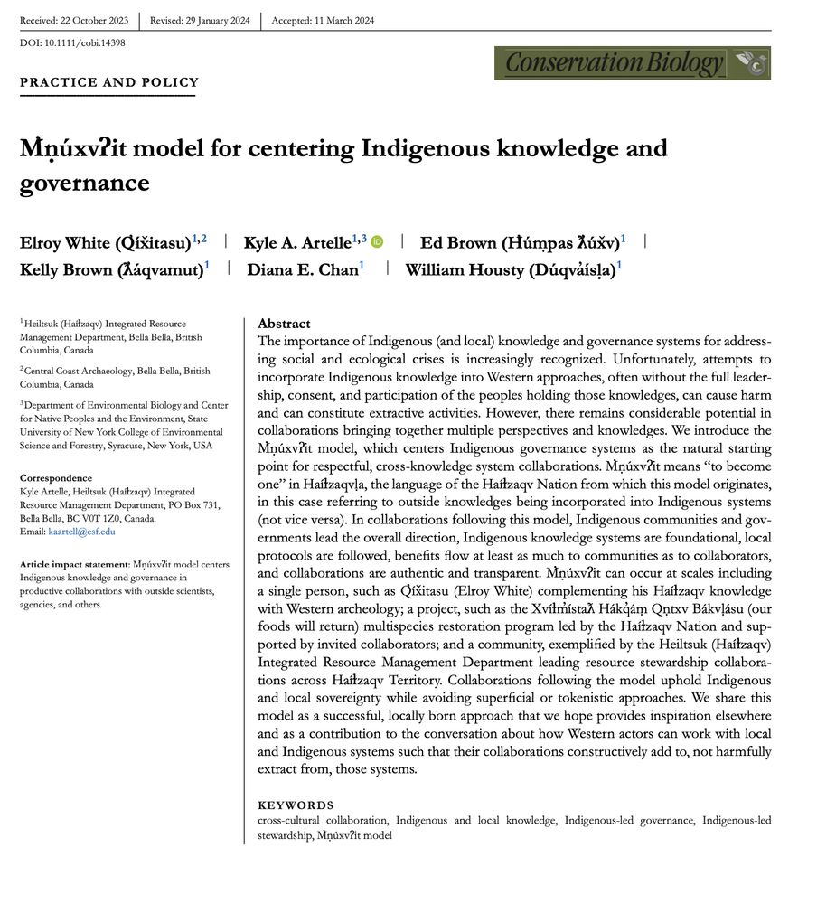 The importance of Indigenous (and local) knowledge and governance systems for addressing social and ecological crises is increasingly recognized. Unfortunately, attempts to incorporate Indigenous knowledge into Western approaches, often without the full leadership, consent, and participation of the peoples holding those knowledges, can cause harm and can constitute extractive activities. However, there remains considerable potential in collaborations bringing together multiple perspectives and knowledges. We introduce the M̓ṇúxvʔit model, which centers Indigenous governance systems as the natural starting point for respectful, cross‐knowledge system collaborations. M̓ṇúxvʔit means “to become one” in Haíɫzaqvḷa, the language of the Haíɫzaqv Nation from which this model originates, in this case referring to outside knowledges being incorporated into Indigenous systems (not vice versa). In collaborations following this model, Indigenous communities and governments lead the overall direction, Indigenous knowledge systems are foundational, local protocols are followed, benefits flow at least as much to communities as to collaborators, and collaborations are authentic and transparent. M̓ṇúxvʔit can occur at scales including a single person, such as Q̓íx̌itasu (Elroy White) complementing his Haíɫzaqv knowledge with Western archeology; a project, such as the Xvíɫm̓ístaƛ Hákq̓áṃ Qṇtxv Bákvḷásu (our foods will return) multispecies restoration program led by the Haíɫzaqv Nation and supported by invited collaborators; and a community, exemplified by the Heiltsuk (Haíɫzaqv) Integrated Resource Management Department leading resource stewardship collaborations across Haíɫzaqv Territory. Collaborations following the model uphold Indigenous and local sovereignty while avoiding superficial or tokenistic approaches. 
