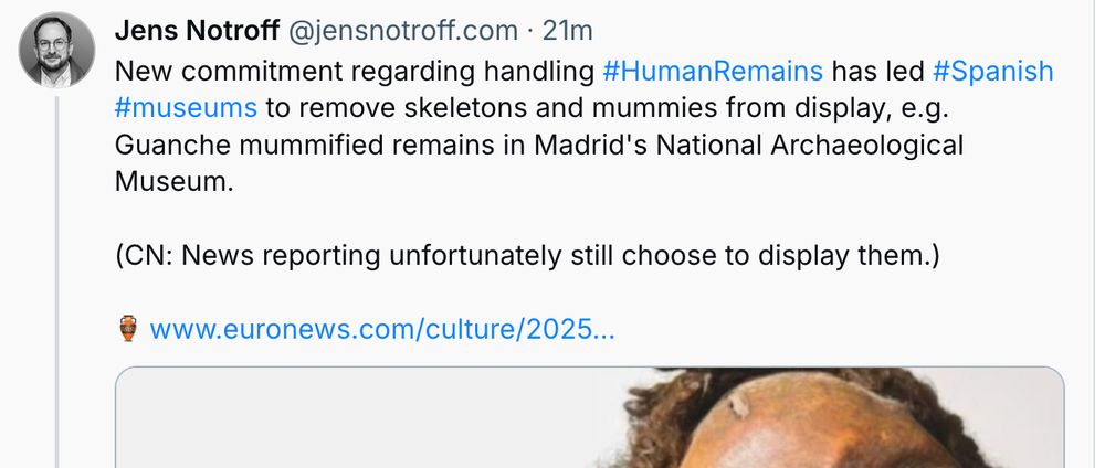 Partial screenshot showing the image of a mummy in a post decrying circulation of images of said mummy.