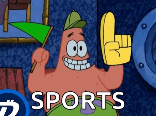 patrick star from spongebob is holding a green flag and a yellow glove with the word sports below him