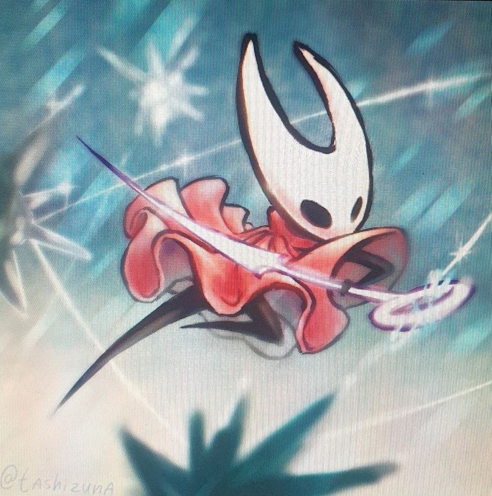 digital fanart of Hornet, a boss character from the game Hollow Knight. She leaps in a dynamic pose, as if aiming at something to the right of the frame, holding a needle-like sword, her redish cloth flowing with the movement. She's on a snowy and sparkly background with glittering web threads crossing the image, some attached to the end of her weapon, some connecting to blurred spiked lumps around her.

