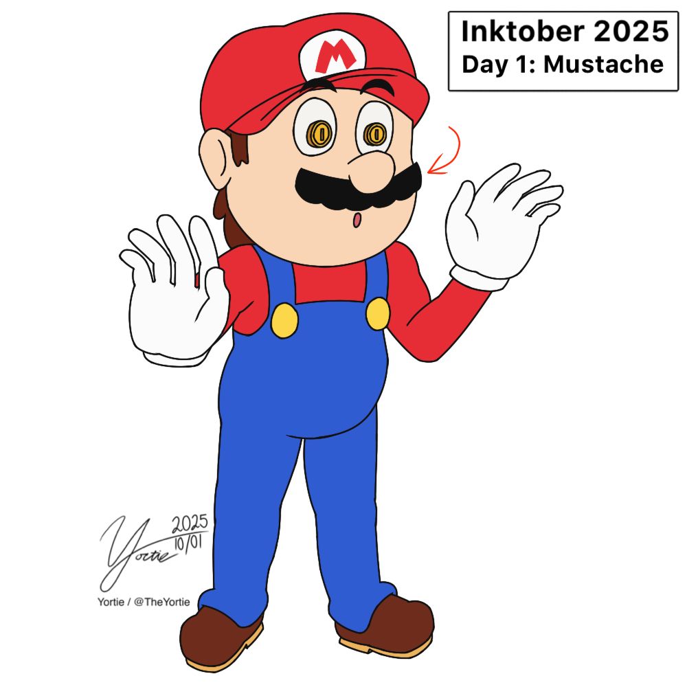 An image of Mario with a surprised look on his face (and his pupils are coins, as though he is surprised to see a lot of coins). There is a red arrow pointing to his mustache, because this was for day 1 of Inktober, where the prompt is Mustache.