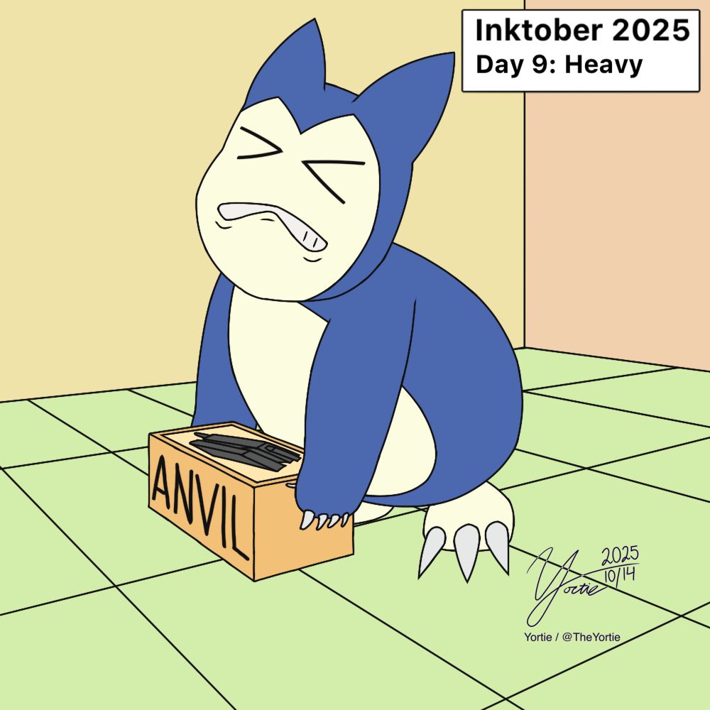 Snorlax struggling to lift a box which has text that says “ANVIL” on the front and has an image of an anvil on top