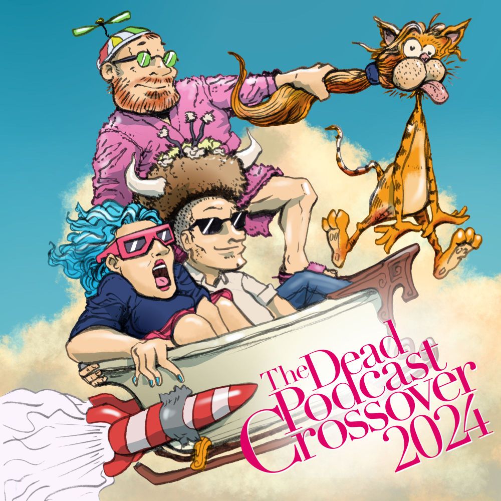 Artwork by Vishal Bharadwaj. It features podcast personalities "Irish" Gav Brown, "English" Gav Drury, Maggie Rowbotham and Ron AAlgar Watt, rendered in the style of Berkeley Breathed's Bloom County, riding in a rocket-powered sleigh from an Amazing Stories episode.