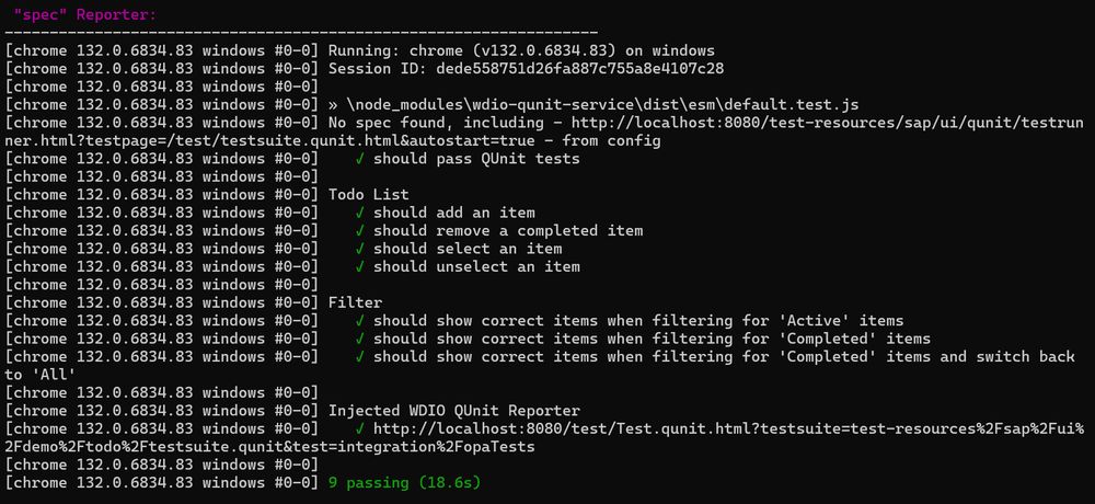 WebdriverIO QUnit Service testing results for a UI5 app.
