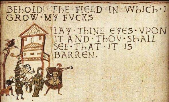 Image of a fake tapestry that says:

BEhOLD! THE FIELD IN WEICh•I
GROW• MY FVCKS
LAY• THINE EYES •VPON IT AND THOV• ShALL SEE-ThAT IT IS BARREN.