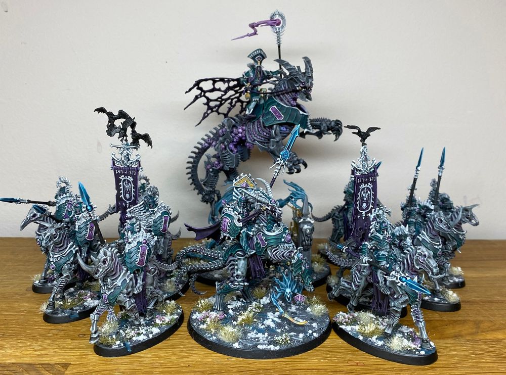 Kavalos death riders, lord and Arkhan the black in grey, teal and purple