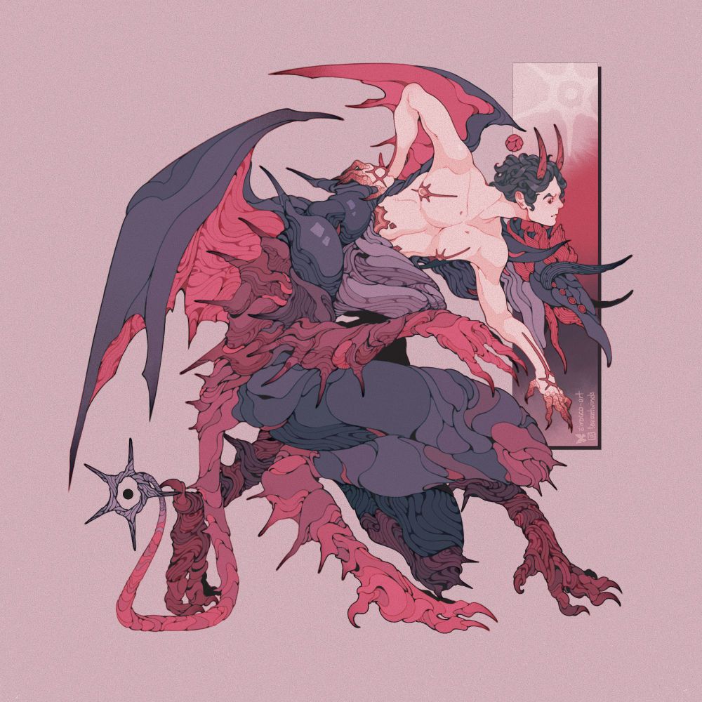 A horned red and black demon, adorned with spines and warped, textured skin, is hunched over on one knee with its mouth agape. The skin on its shoulder has burst open and a young, slender, and horned man is seen moulting out of the wound. There are red, sun-like markings adorning his hands and chest, a set of wings on his back, and red scales creeping up from his fingers. The man has a determined look on his face, and the demon is left merely as a husk. 