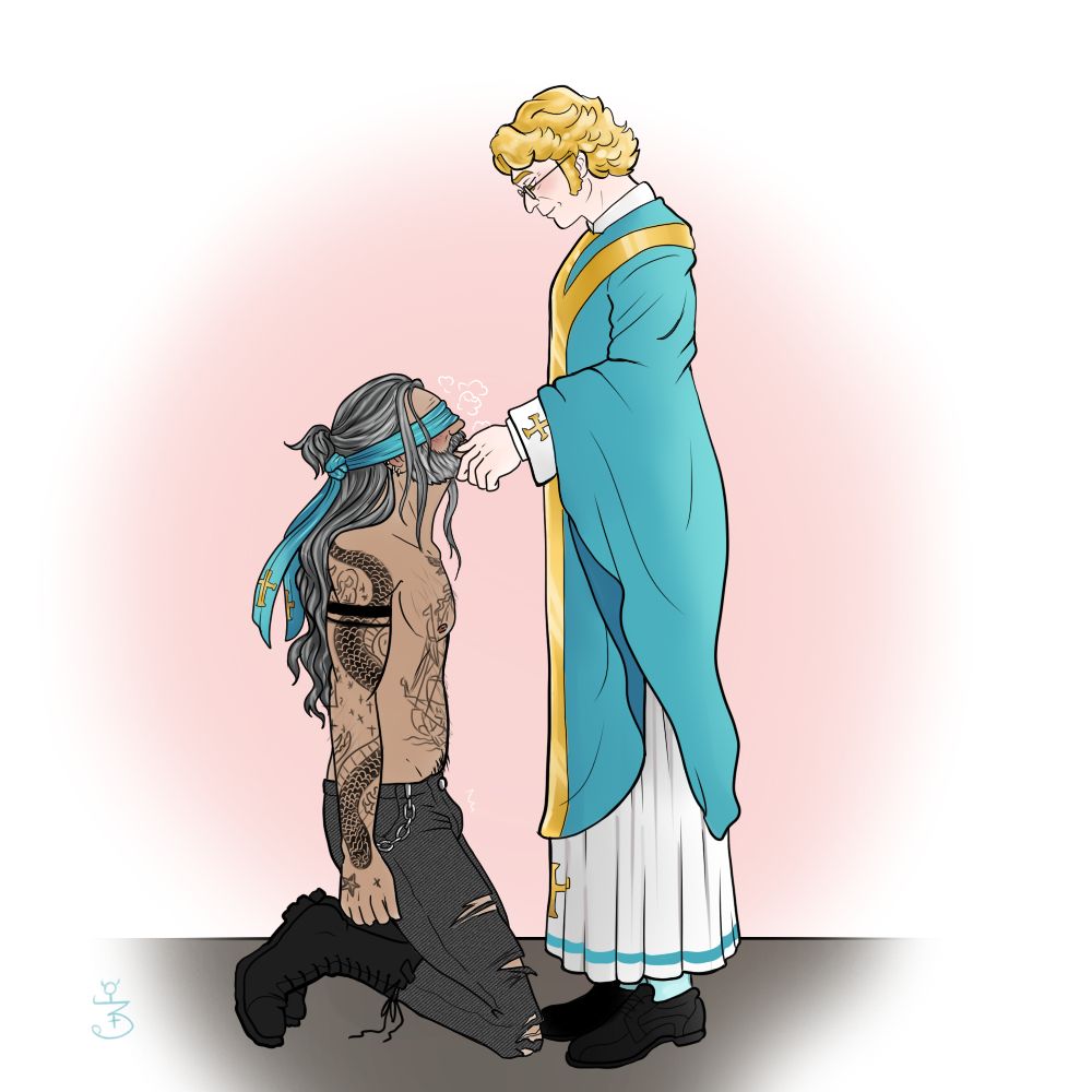 A drawing of Ed and Stede. Ed is on his knees, shirtless, wearing distressed dark gray jeans and black boots, arms dutifully at his side. He's been blind folded by a teal stole and he's panting, flushed, a little hard in his pants. Stede traces his lips and mouth with a beatific, if slightly pinkened expression. Stede is wearing teal Catholic priest vestments, and I've put his cunty lil glasses on him as a treat for me. The background is once again a horny pink haze.