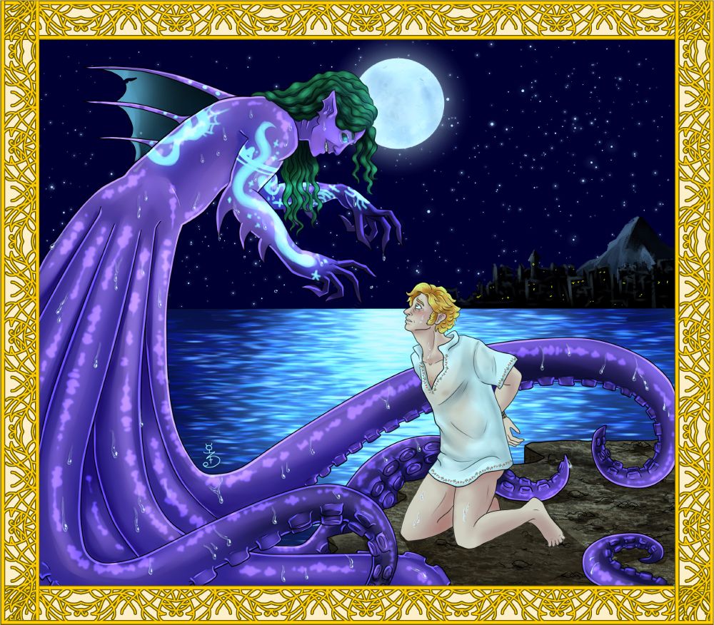 Digital art of Stede and Ed, framed by a golden storybook style frame. Ed is a kraken, much bigger than Stede, purple with many suckered tentacles writhing around a knelt Stede with his hands tied behind his back. Stede is only wearing a soaked shirt, legs bare, and his expression is a little bit horny, a little bit scared. Ed is grinning, with his hair green and kelp like, lifting clawed hands. His usual tattoos are bioluminescent in this form, and he has a fin on his back. The background is a moonlit sea, and in the distance there is a mountain and a castle kingdom. 