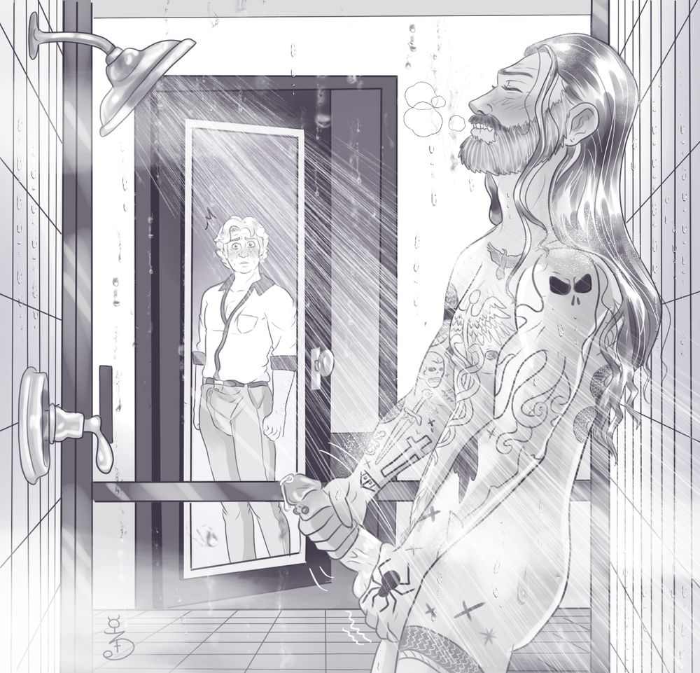 A black and white sketch of Ed as an alpha in a hotel shower, jacking off and squeezing his knot with his eyes closed. His usual ship tattoo has been replaced by a caduceus staff, and his cock is pierced. In the background, you can see the bathroom door is ajar, and the mirror on it reveals Stede is watching him through the reflection, hands in fists and a prominent bulge in his pants.