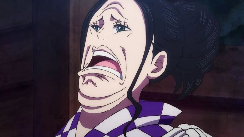 nico robin from one piece rears back making a comical face of distress