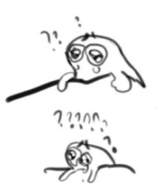 a lil guy with huge watery eyes and sad eyebrows seems confused, and then VERY confused with even MORE tears