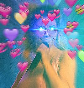 A singer (marina) holds her microphone to her face, an edited zoom filter pointing to her face as her eyes go laser mode and a shit tone of heart emojis fly out of her