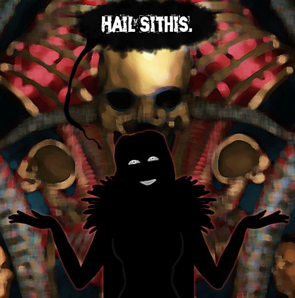 art of the character standing in sillhouette before a stained glass window depicting the daedra Sithis, her hands held out and a manic grin on her face as she says "Hail Sithis."