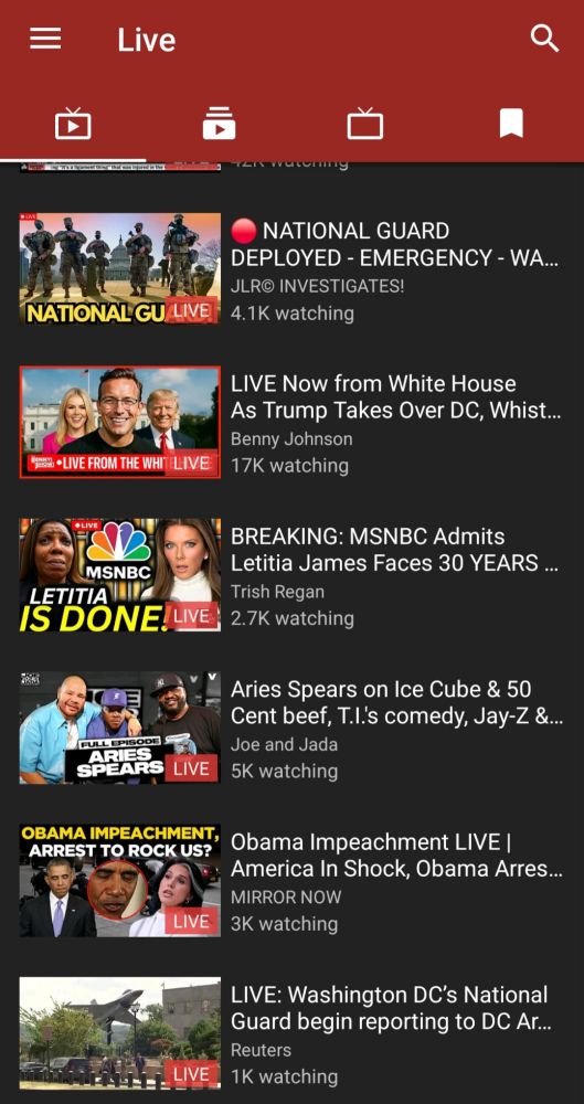 Various YouTube livestreams on the trending page, depicting various right-wing channels with thousands of viewers.
