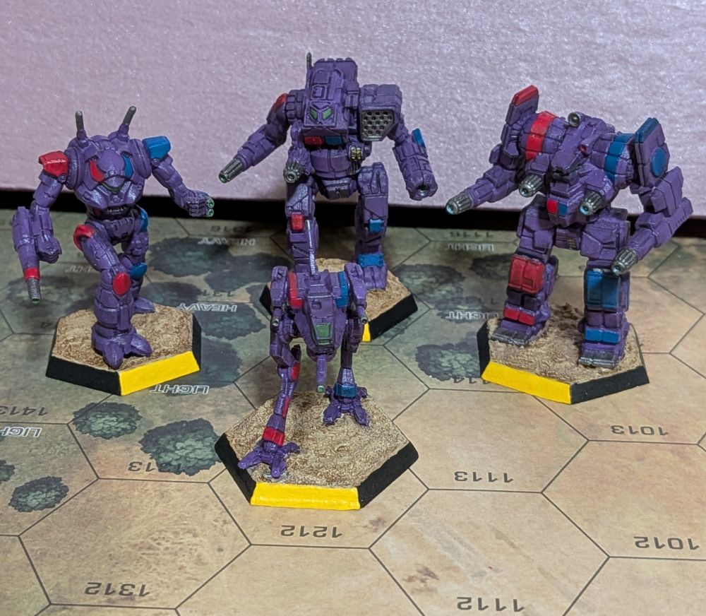 A lance of Marik Militia battlemechs. Includes a Wraith, Orion, Awesome, and a Locust.