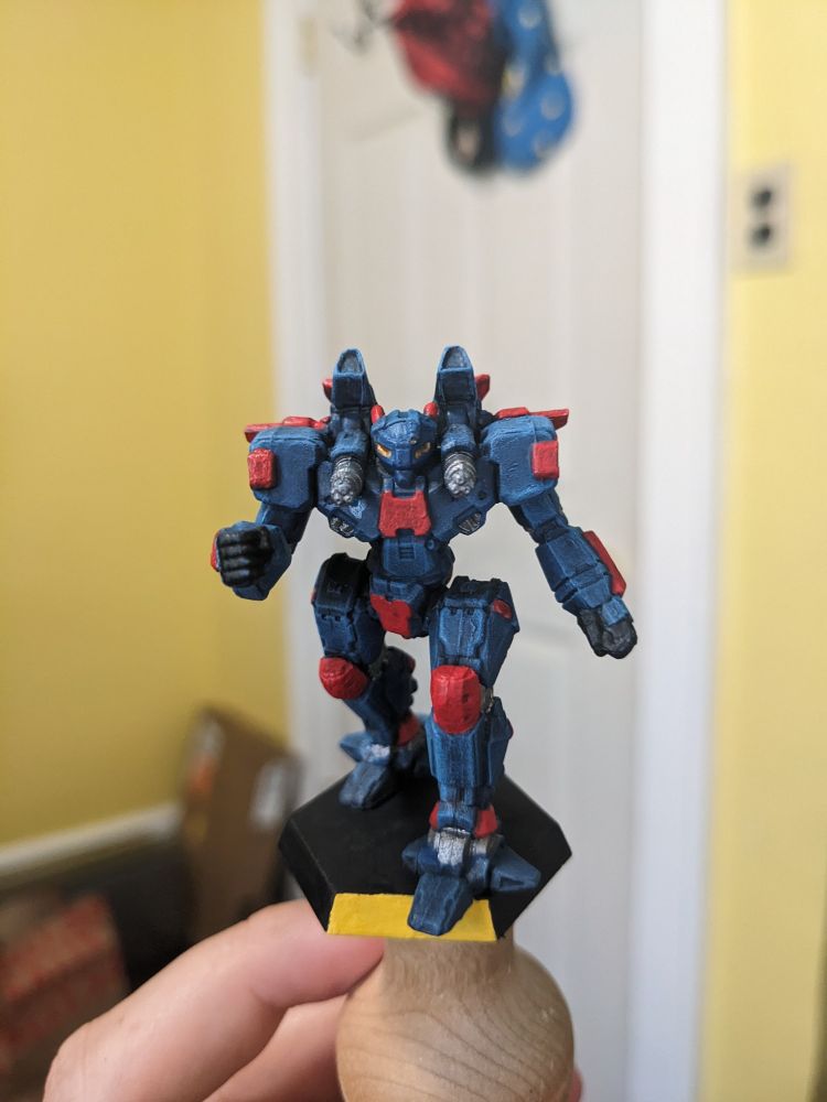 Front view of the Phoenix Hawk IIC. Blue with red and silver details.