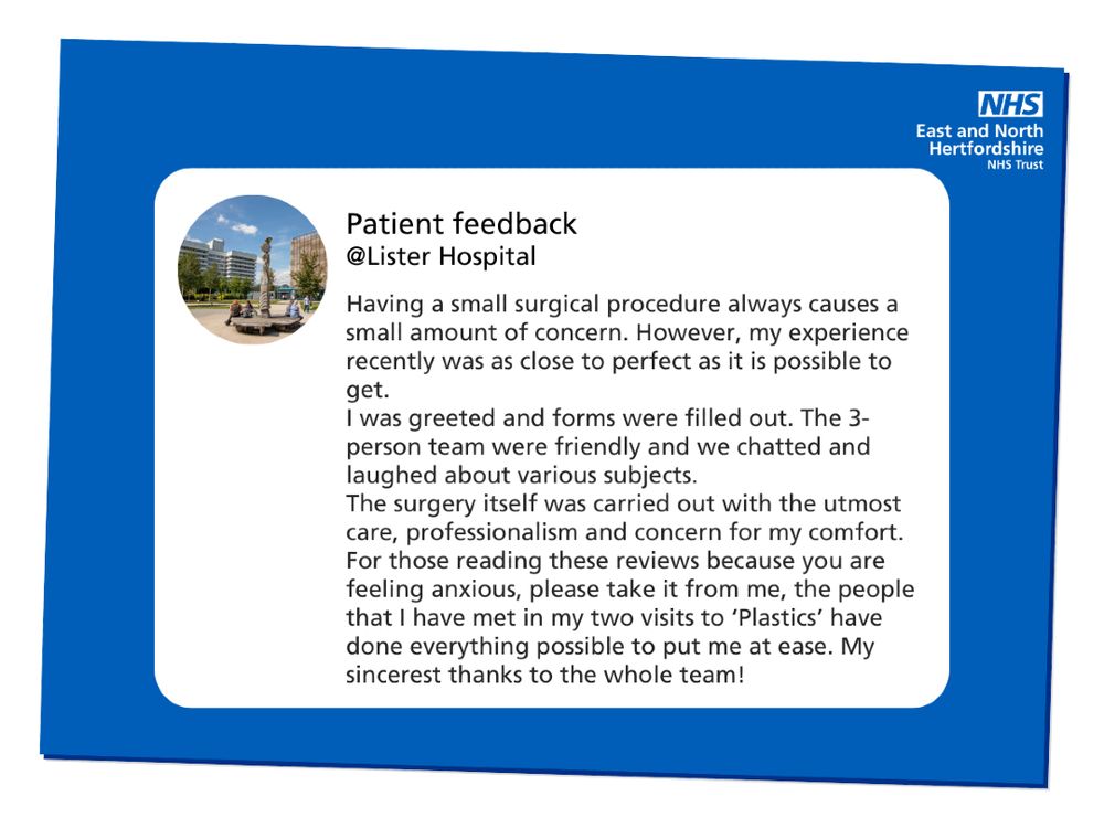 An infographic with positive feedback from a patient at Lister Hospital who recently underwent a surgical procedure.