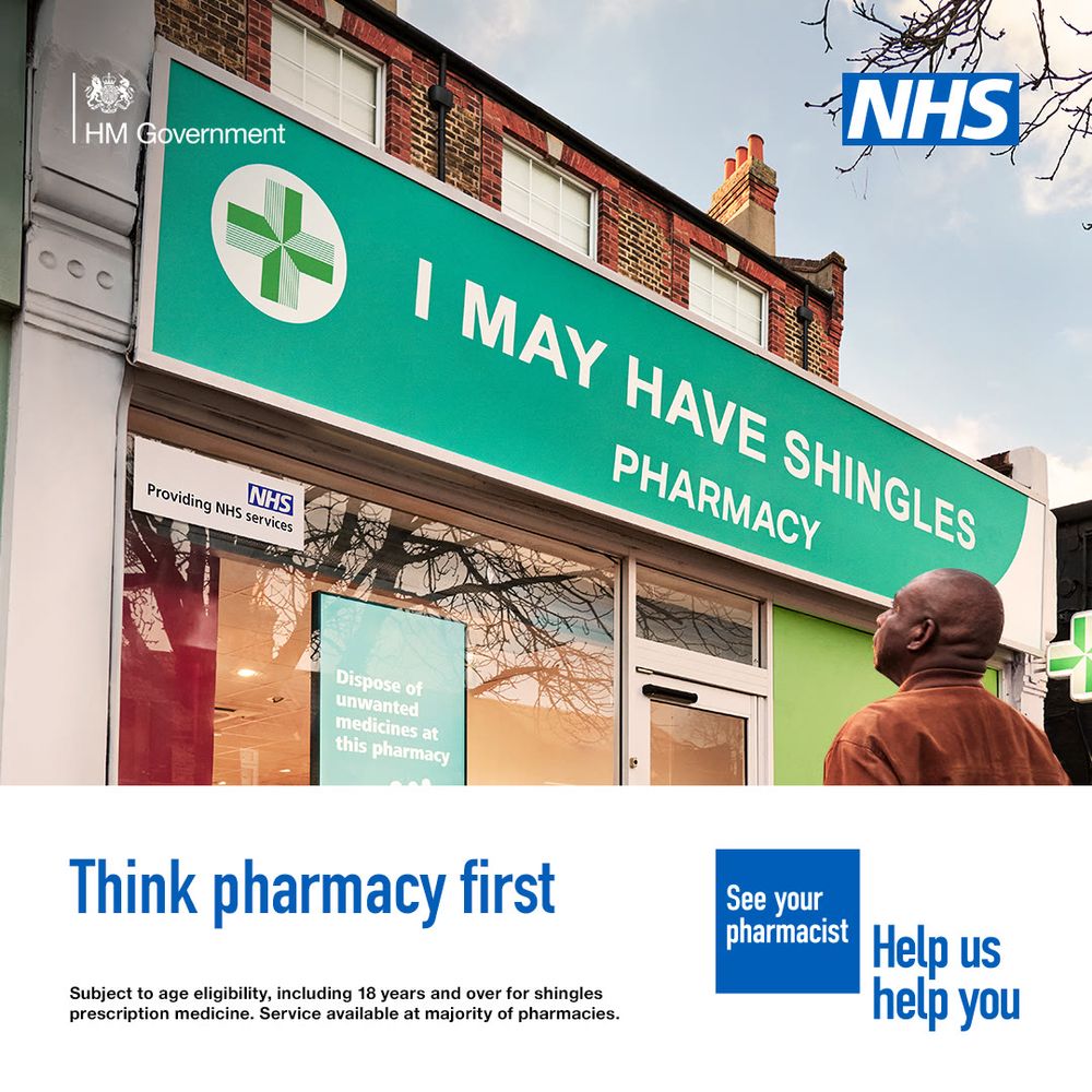 A person is standing outside a pharmacy looking uncomfortable. The sign above the pharmacy reads 'My sinuses are painful pharmacy'. A lower third box features in the bottom on the image. Text in the box reads: 'Think pharmacy first. Subject to age eligibility, including 12 years and over for sinusitis prescription medicine. Service available at majority of pharmacies.'