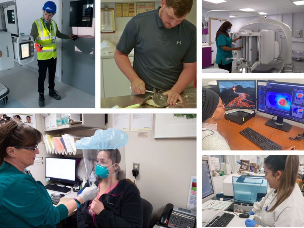 A collage with images of people in their varied healthcare science disciplines, such as engineering and radio imaging.