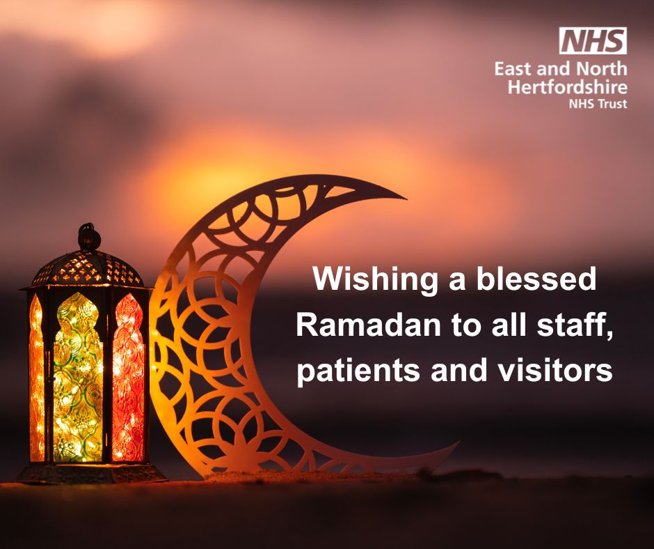 A graphic of a lantern and a moon, next to the words “Wishing a blessed Ramadan to all staff, patients and visitors”