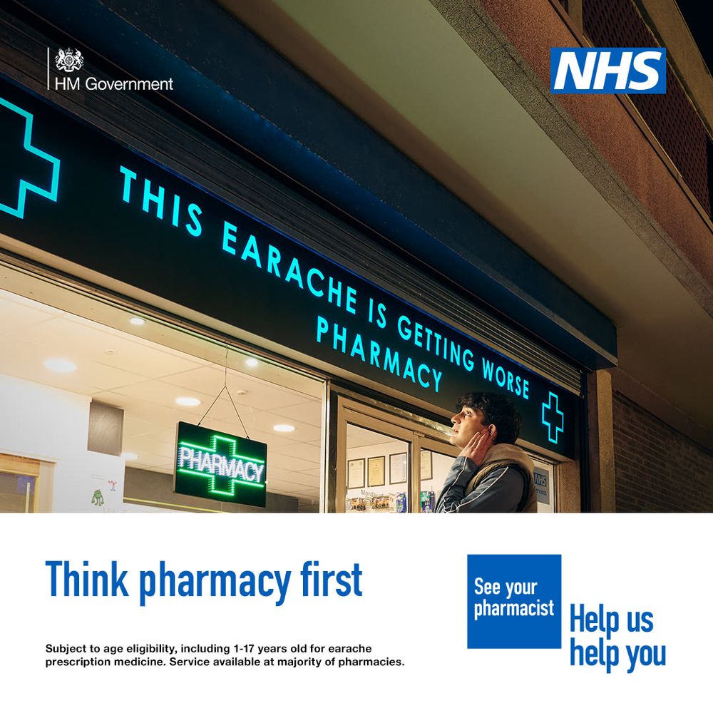 A person standing outside a pharmacy holding the side of their face in discomfort. The sign above the pharmacy reads 'This earache is getting worse pharmacy'

 A lower third box features in the bottom on the image. Text in the box reads: 'Think pharmacy first. Subject to age eligibility, including 12 years and over for sinusitis prescription medicine. Service available at majority of pharmacies.'"
