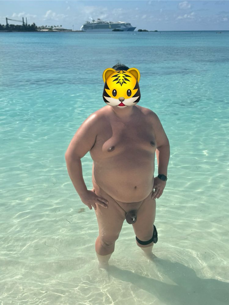 At Great Stirrups Cay in the Bahamas on Norwegians private island. Allows us to be naked on the island. 