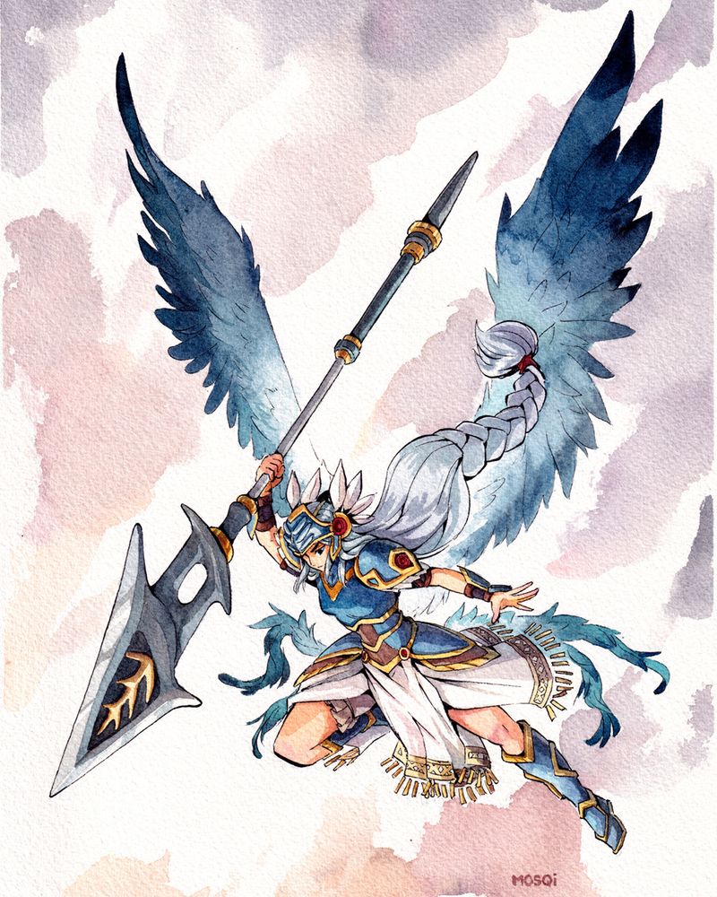 Watercolor illustration of Lenneth, main character of Valkyrie profile, aiming with her spear, preparing her signature attack "Nibelung Valesti"