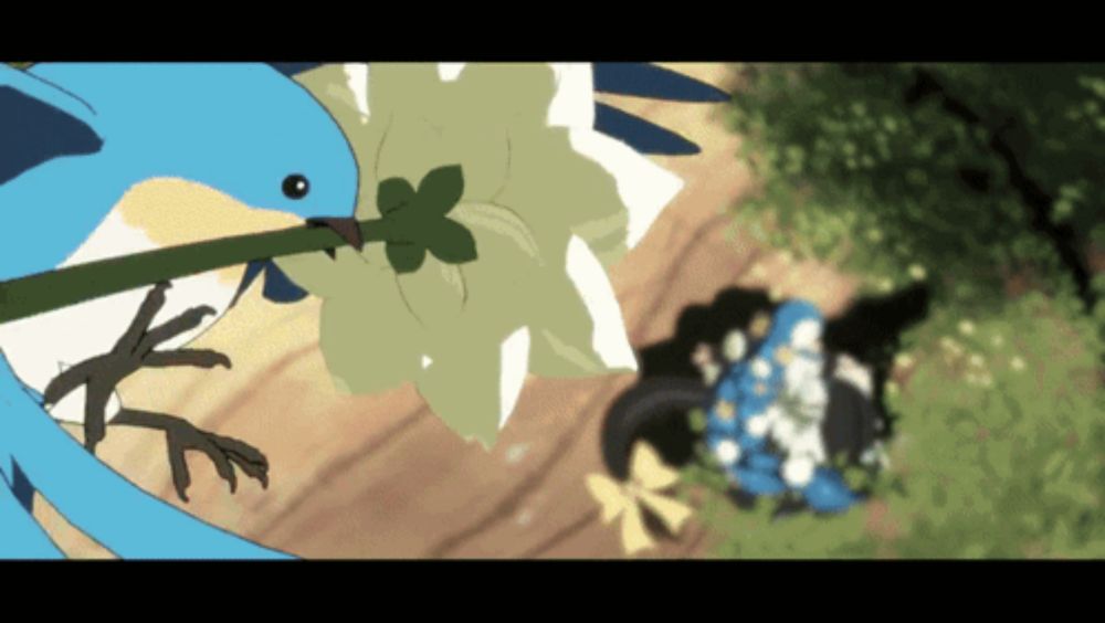 a blue bird is holding a flower in its beak in a cartoon