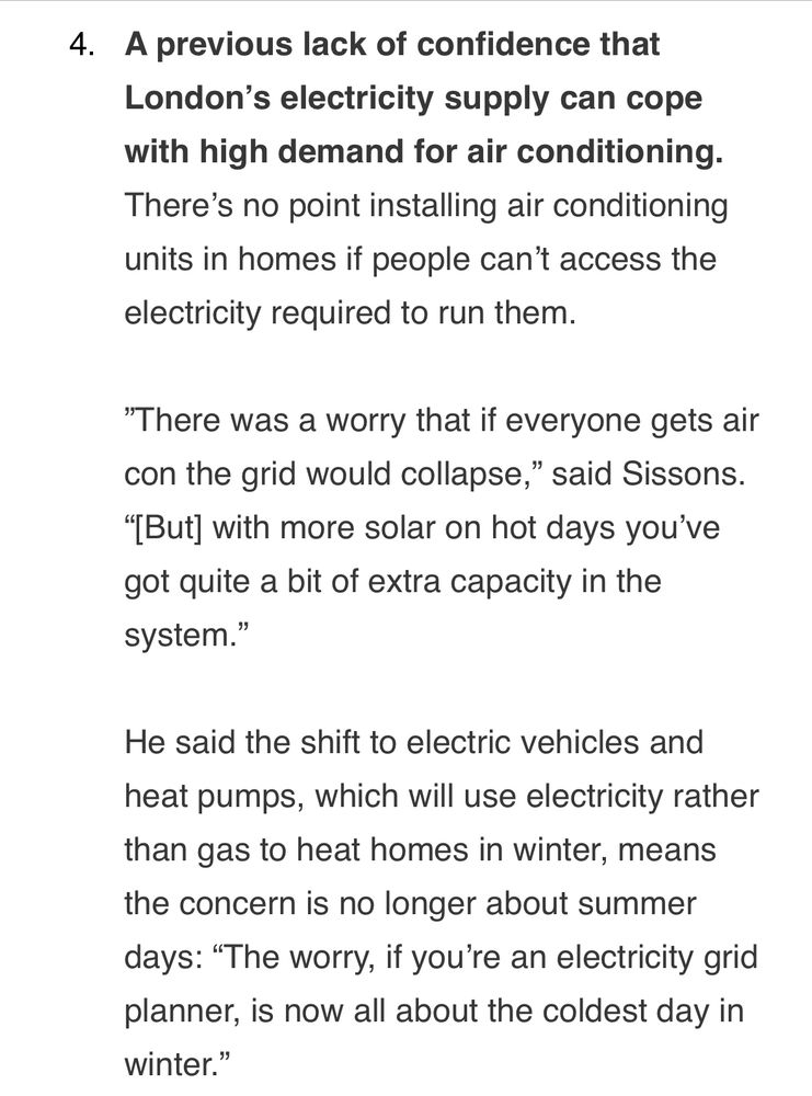 Text from London Centric newsletter - including, “there was a worry that if everyone gets air con the grid would collapse, [but] with more solar on hot days you’ve got quite a bit of extra capacity in the system” said Andrew Sissons