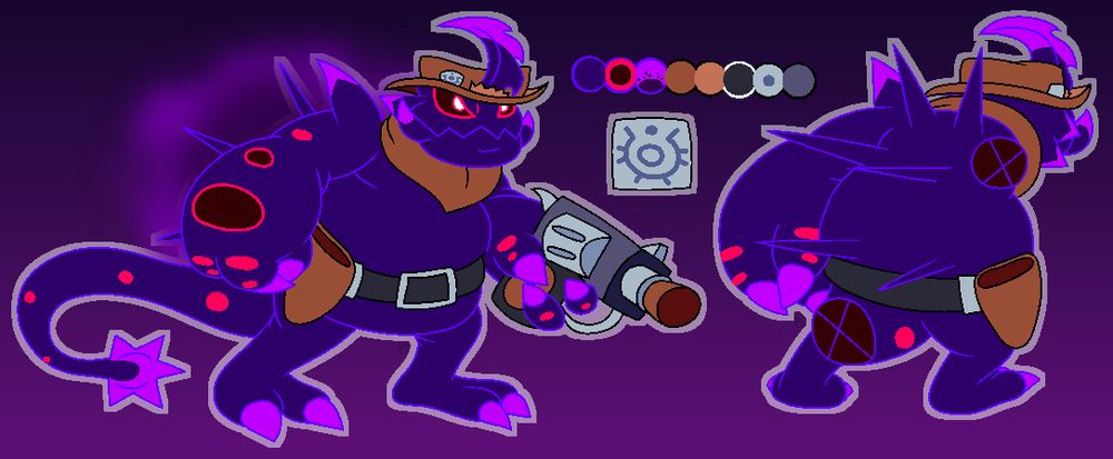 What is this? A nightmare with a gun? Wait... no, that's a toy pop gun. This nightmare's name is Snipes; you could say he's very Cowboy-like, although that's more for his hunting role. Anyway, here is the bio!:
A nightmare hunter whose goal is to target people for being influenced by Dark Gaia. He's a tricky fella who will try to make a distraction with his pop shooter. It might not hurt too much, but watch it. Snipes can be cunning with the small actions he does. As you could find his actions of targeting something ridiculous, however, don't be fooled by this. He plays the role of being stupid to lure and capture his targets. It is unknown if he has a counterpart form for daytime. It's possible, but likely he might be hiding what he truly looks like. Under the orders of <REDACTED>, he was given the role and gist to hunt down and capture Eldar and Flyer. This doesn't go well for Snipes. In fact, he often brushes to the side and isn't treated like a threat. The only person he had influenced was Ralph, but that didn't last for long at all... Hell for a hunter, he's awful at his job. Sadly, not too many people know his name. Flyer only knows it from having it written down in his "notes," but even the artificial chaos based on perfect chaos sees him as a non-threat. His age could be roughly seen as around his early 30s (31 if you want that info), and his height is roughly 4'2.