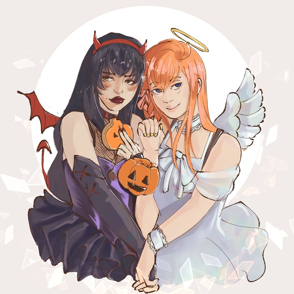 Ryne and Gaia from Final Fantasy XIV holding hands dressed as an angel and a devil for Halloween